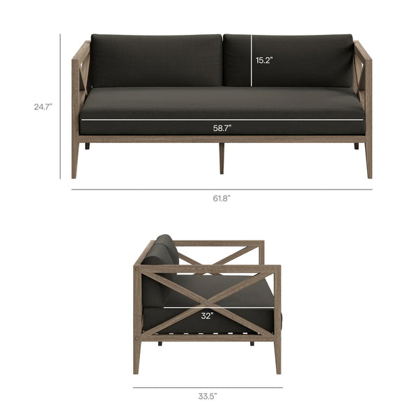 Sunshore Flint Gray Loveseat and Ottoman Outdoor Set Dimensions of a modern outdoor sofa with wooden frame and black cushions on a white background.