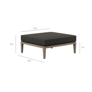 Sunshore Flint Gray Loveseat and Ottoman Outdoor Set Outdoor ottoman with dimensions on a white background