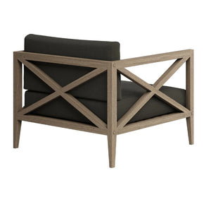 Sunshore Flint Gray Outdoor Armchair Chair with wooden frame and dark cushions on a white background