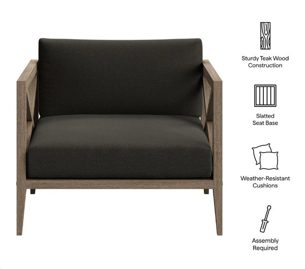 Sunshore Flint Gray Outdoor Armchair Chair with black cushions and teak wood frame on a white background