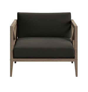 Sunshore Flint Gray Outdoor Armchair Chair with dark cushion and wooden frame on a white background
