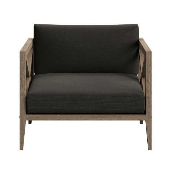 Sunshore Flint Gray Outdoor Armchair Chair with dark cushion and wooden frame on a white background