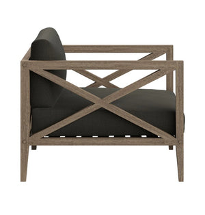 Sunshore Flint Gray Outdoor Armchair Wooden loveseat with black cushions on a white background
