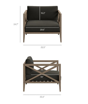 Sunshore Flint Gray Outdoor Armchair Chair with dimensions labeled on a white background