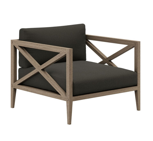 Sunshore Flint Gray Outdoor Armchair Chair with wooden frame and dark cushions on a white background