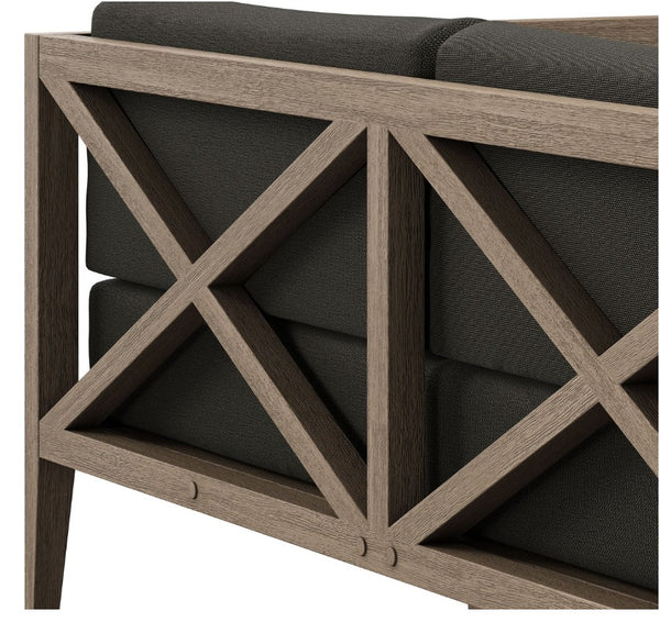 Sunshore Flint Gray Outdoor Loveseat Sofa with wooden frame and dark cushions on a white background