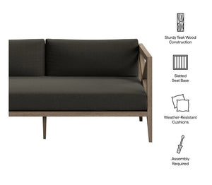 Sunshore Flint Gray Outdoor Loveseat Dark gray outdoor sofa with teak wood frame on a white background, featuring icons and text about construction and features.