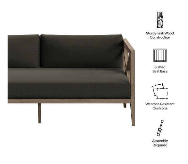 Sunshore Flint Gray Outdoor Loveseat Dark gray outdoor sofa with teak wood frame on a white background, featuring icons and text about construction and features.
