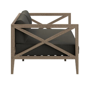 Sunshore Flint Gray Outdoor Loveseat Chair with wooden frame and black cushion on a white background