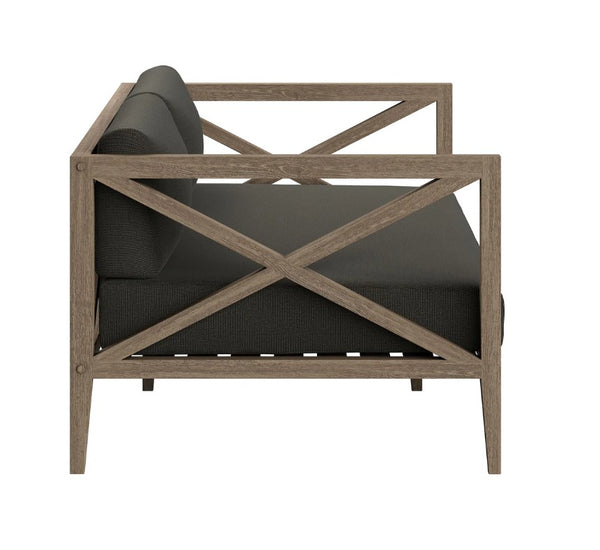 Sunshore Flint Gray Outdoor Loveseat Chair with wooden frame and black cushion on a white background