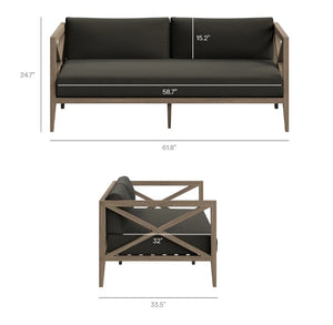 Sunshore Flint Gray Outdoor Loveseat Dimensions of a modern outdoor sofa and chair with black cushions on a white background