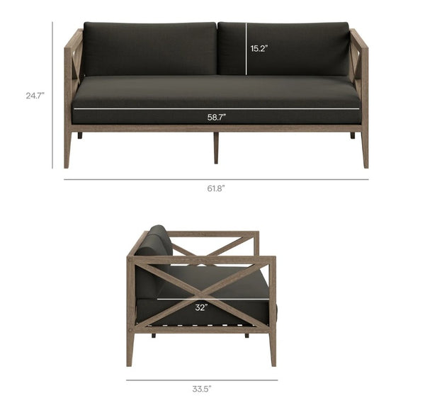 Sunshore Flint Gray Outdoor Loveseat Dimensions of a modern outdoor sofa and chair with black cushions on a white background