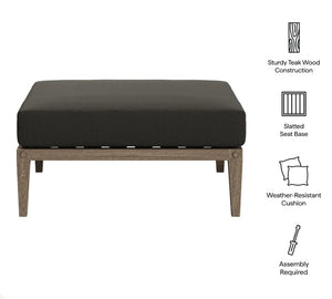 Sunshore Flint Gray Outdoor Ottoman Dark gray ottoman with wooden frame on a white background, featuring text about construction and features.