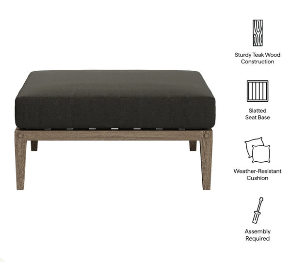 Sunshore Flint Gray Outdoor Ottoman Dark gray ottoman with wooden frame on a white background, featuring text about construction and features.