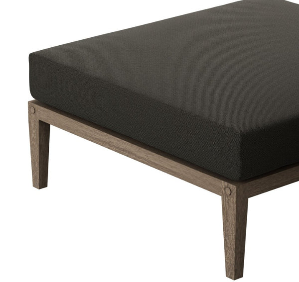 Sunshore Flint Gray Outdoor Ottoman Sofa with dark cushion and wooden frame on a white background