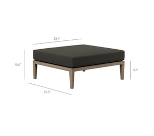 Sunshore Flint Gray Outdoor Ottoman Outdoor ottoman with dimensions on a white background