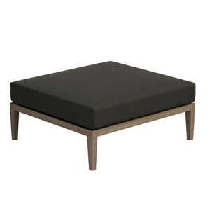 Sunshore Flint Gray Outdoor Ottoman Square ottoman with black cushion and wooden frame on a white background