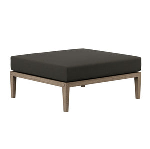 Sunshore Flint Gray Outdoor Ottoman Square ottoman with black cushion on a white background