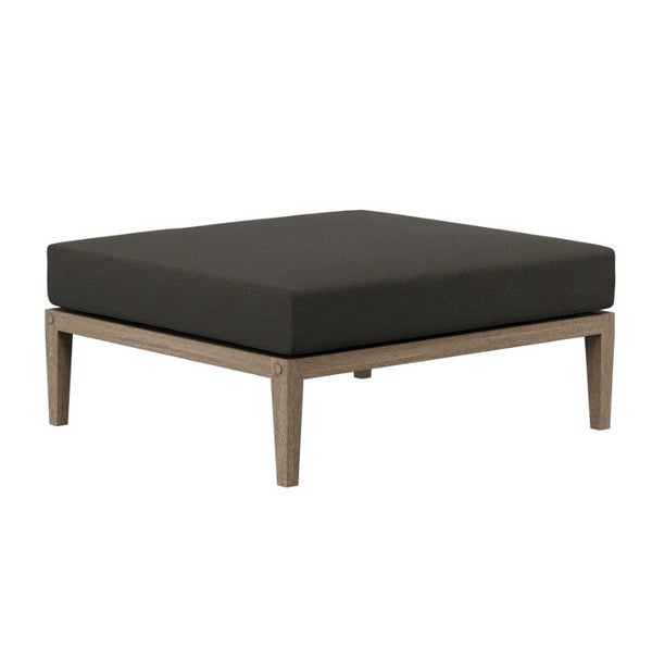 Sunshore Flint Gray Outdoor Ottoman Square ottoman with black cushion on a white background