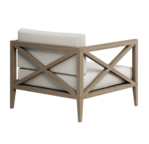 Sunshore Pebble Outdoor Armchair Chair with wooden frame and beige cushion on a white background