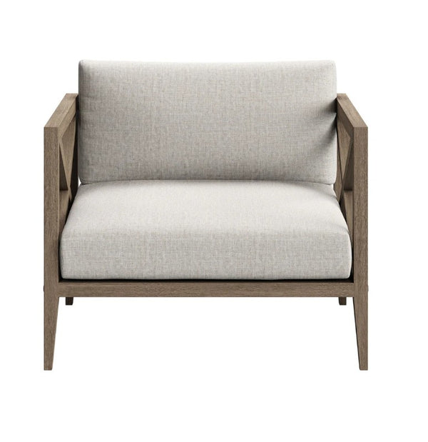 Sunshore Pebble Outdoor Armchair Chair with wooden frame and light gray cushion on a white background