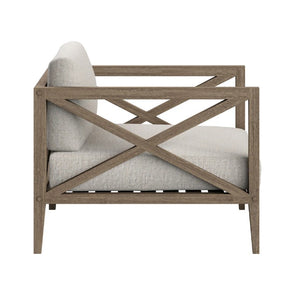 Sunshore Pebble Outdoor Armchair Chair with wooden frame and beige cushion on a white background