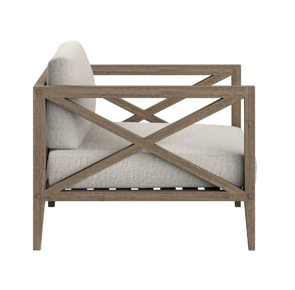 Sunshore Pebble Outdoor Armchair Chair with wooden frame and beige cushion on a white background