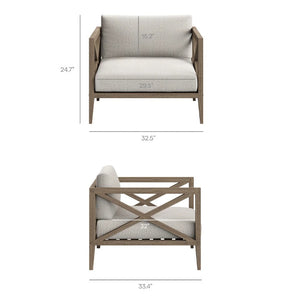 Sunshore Pebble Outdoor Armchair Chair with dimensions labeled on a white background