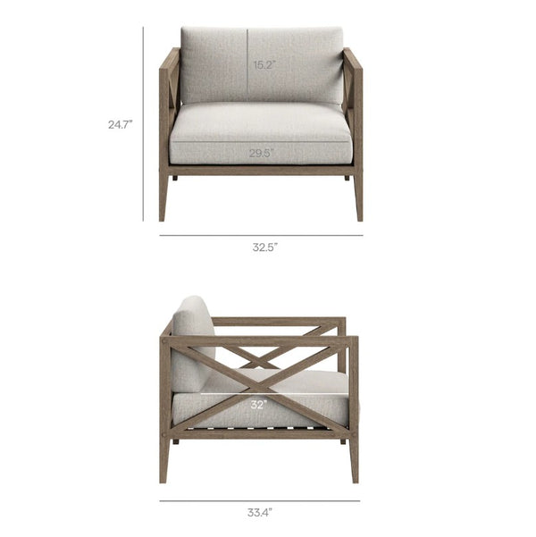 Sunshore Pebble Outdoor Armchair Chair with dimensions labeled on a white background