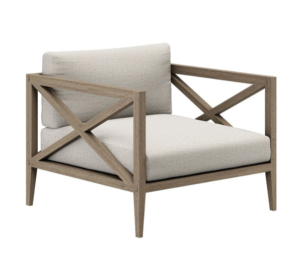 Sunshore Pebble Outdoor Armchair Chair with wooden frame and white cushion on a white background