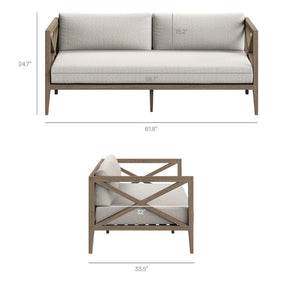 Sunshore Pebble Outdoor Loveseat Dimensions of a modern outdoor sofa with wooden frame and gray cushions.