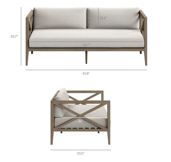 Sunshore Pebble Outdoor Loveseat Dimensions of a modern outdoor sofa with wooden frame and gray cushions.