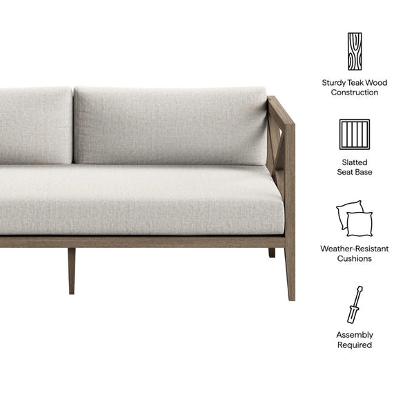Sunshore Pebble Outdoor Loveseat Gray sofa with teak wood frame on a white background, featuring icons and text about construction and features.