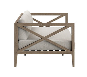 Sunshore Pebble Outdoor Loveseat Sofa with wooden frame and gray cushions on a white background