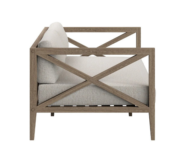 Sunshore Pebble Outdoor Loveseat Sofa with wooden frame and gray cushions on a white background