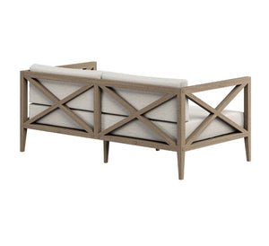 Sunshore Pebble Outdoor Loveseat Wooden outdoor sofa with white cushions on a white background