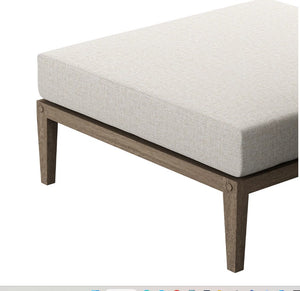 Sunshore Pebble Outdoor Ottoman Bench with wooden frame and white cushion on a white background