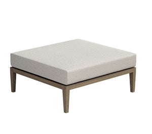 Sunshore Pebble Outdoor Ottoman Square ottoman with a light gray cushion on a white background