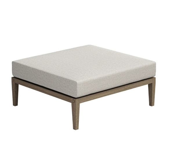 Sunshore Pebble Outdoor Ottoman Square ottoman with a light gray cushion on a white background