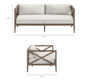 Sunshore Weathered Gray Outdoor Loveseat Dimensions of a modern sofa and chair on a white background