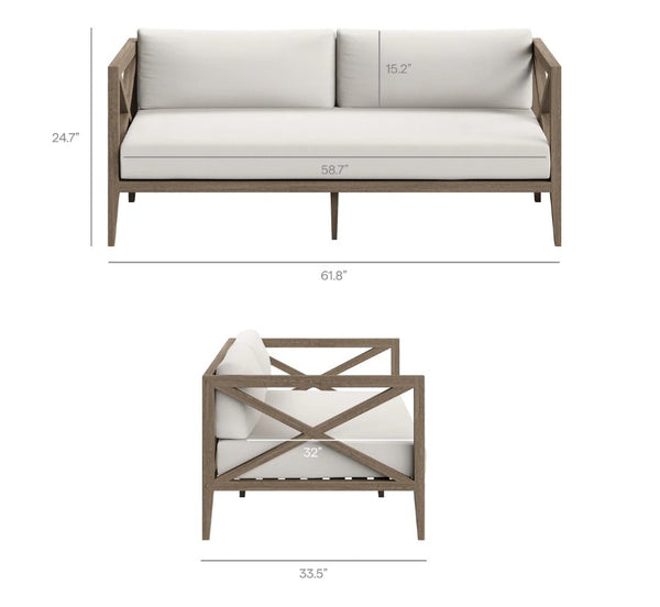 Sunshore Weathered Gray Outdoor Loveseat Dimensions of a modern sofa and chair on a white background