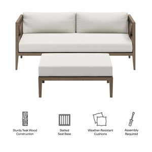 Sunshore Weathered Gray Loveseat and Ottoman Outdoor Set Outdoor sofa set with white cushions and wooden frame on a white background, featuring icons for sturdiness, seat base, cushions, and assembly.