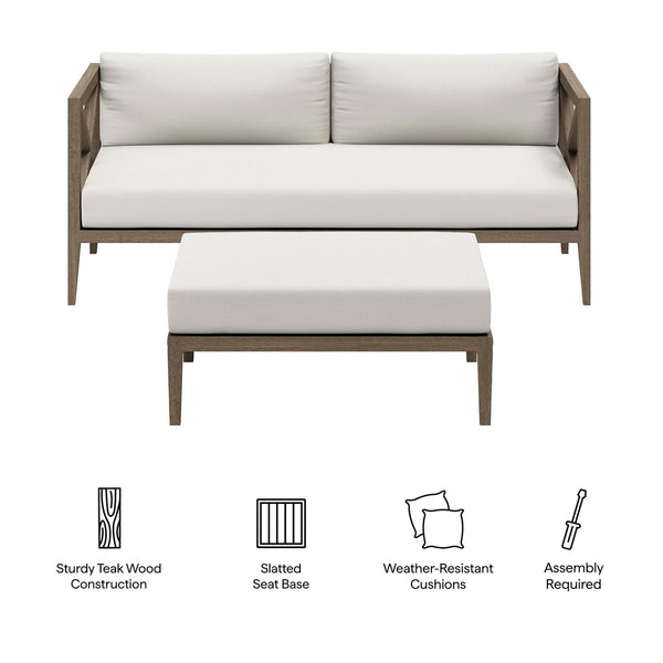 Sunshore Weathered Gray Loveseat and Ottoman Outdoor Set Outdoor sofa set with white cushions and wooden frame on a white background, featuring icons for sturdiness, seat base, cushions, and assembly.