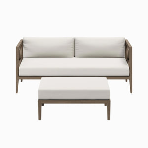 Sunshore Weathered Gray Loveseat and Ottoman Outdoor Set Outdoor sofa set with white cushions and wooden frame on a white background