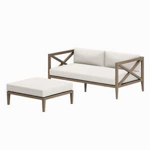 Sunshore Weathered Gray Loveseat and Ottoman Outdoor Set Outdoor furniture set with a sofa and ottoman on a white background