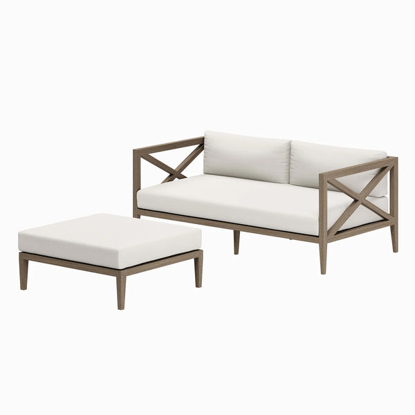 Sunshore Weathered Gray Loveseat and Ottoman Outdoor Set Outdoor furniture set with a sofa and ottoman on a white background