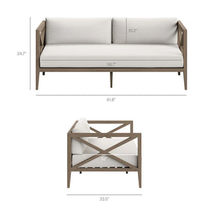 Sunshore Weathered Gray Loveseat and Ottoman Outdoor Set Dimensions of a modern sofa and coffee table on a white background