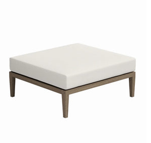 Sunshore Weather Gray Outdoor Ottoman Square ottoman with white cushion and wooden frame on a white background