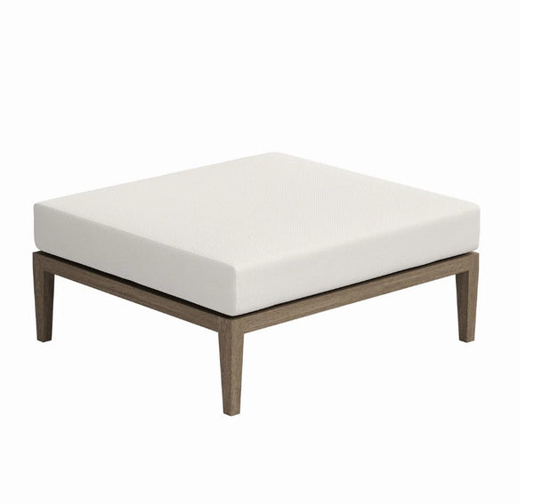 Sunshore Weather Gray Outdoor Ottoman Square ottoman with white cushion and wooden frame on a white background