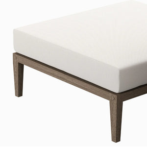 Sunshore Weather Gray Outdoor Ottoman Wooden bench with white cushion on a white background